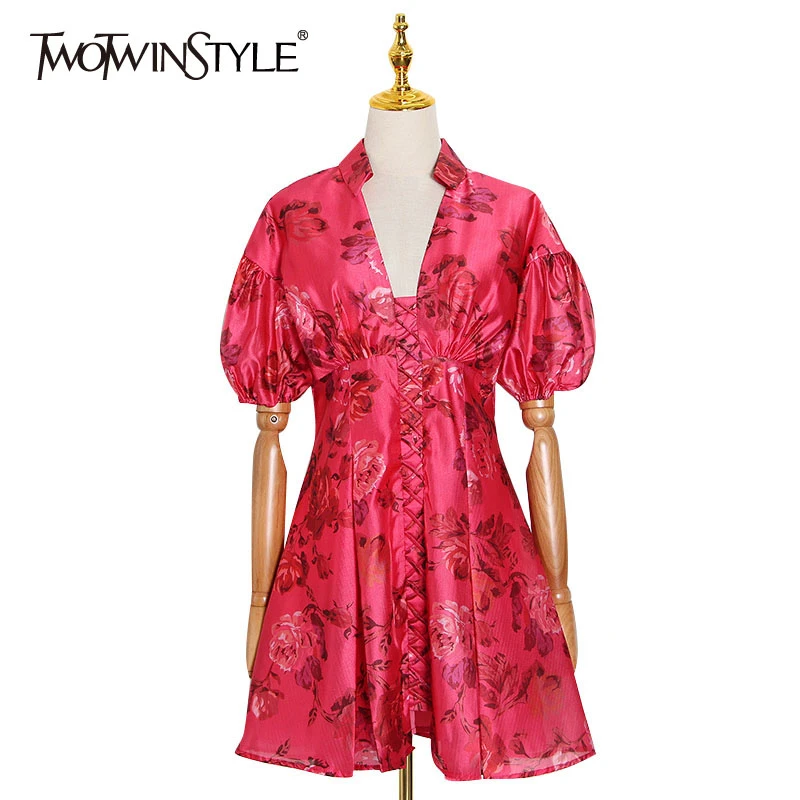 TWOTWINSTYLE Vintage Flower Print Women Dress V Neck Puff Short Sleeve High Waist Slim Mini Dresses Female 2020 Fashion Clothes TWOTWINSTYLE Vintage Flower Print Women Dress V Neck Puff Short Sleeve High Waist Slim Mini Dresses Female 2020 Fashion Clothes