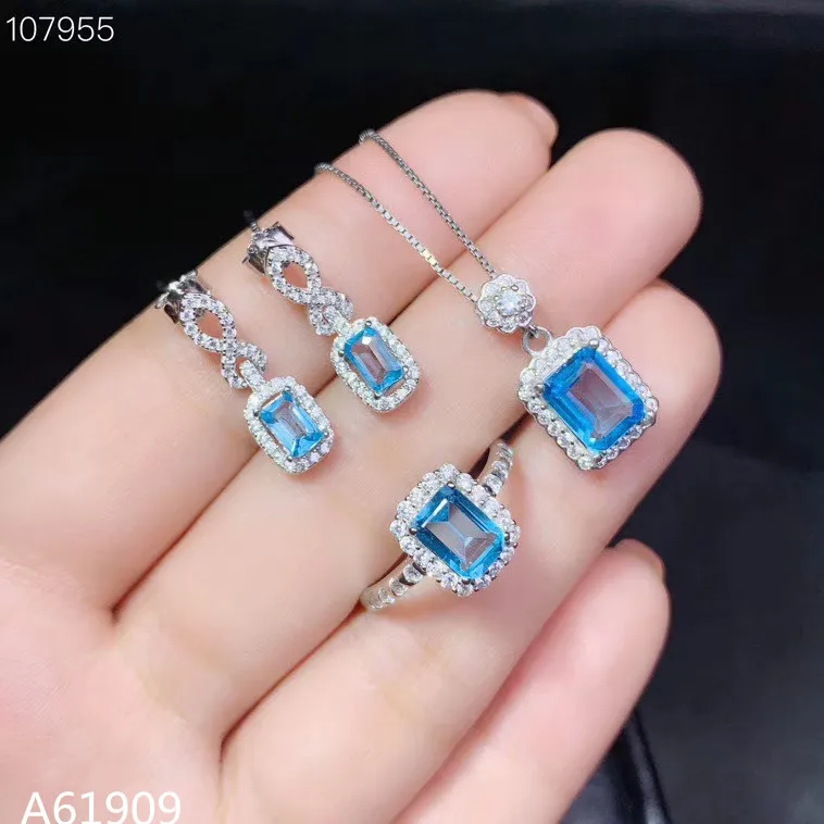 

KJJEAXCMY exquisite jewelry 925 sterling silver inlaid natural blue topaz gemstone female earrings pendant necklace ring set sup
