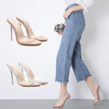 

2019 Transparent High With Fine With All-match Toe Drag Word Cool Slipper Woman