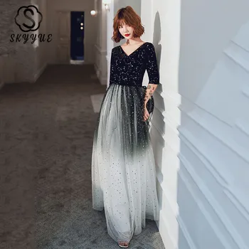 

Black Evening Gowns Skyyue K282 Shining Crepe Gradient Robe De Soiree V-neck Half Sleeve Elegant Long Formal Party Dresses