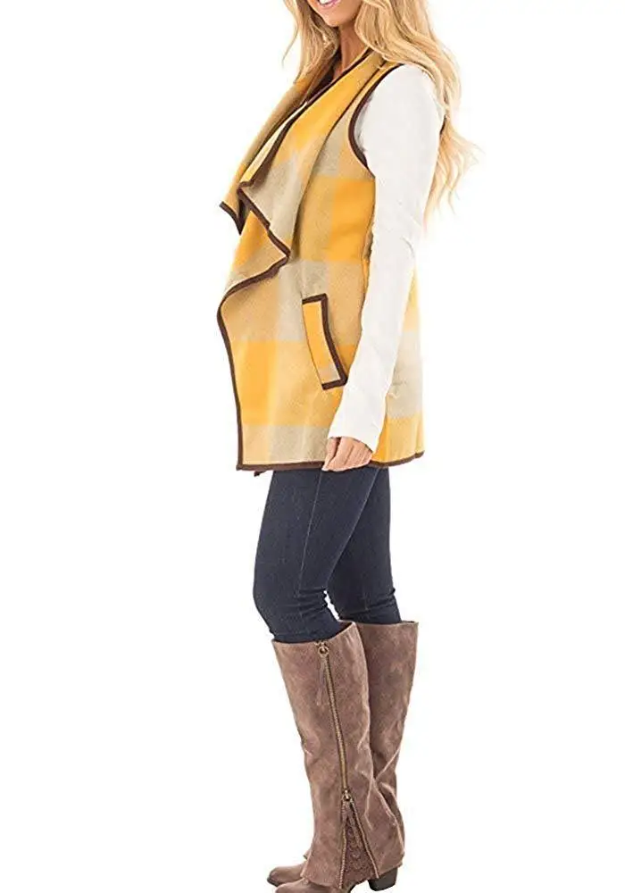 Autumn Office Ladies Vest Sleeveless Turn Down Neck Open Front Jacket Check Plaid Cardigan Casual Women Long Waistcoat