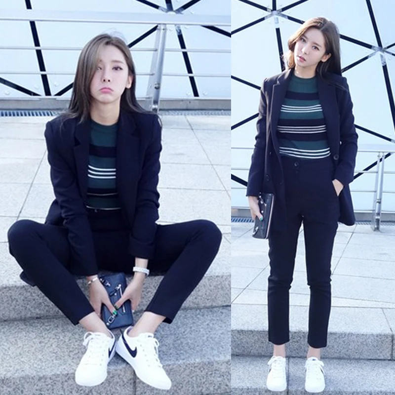 

2020 Spring New Women Two-piece Set Korean Fashion Casual Solid Color Double breasted Blazer + Pants Female Office Suit Notched
