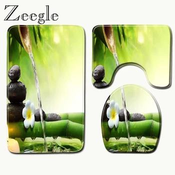 

Zeegle 3Pcs/Set Bathroom Mat Set Printed Flannel Floor Rugs Cushion Toilet Seat Cover Bath Mat for Home Decoration