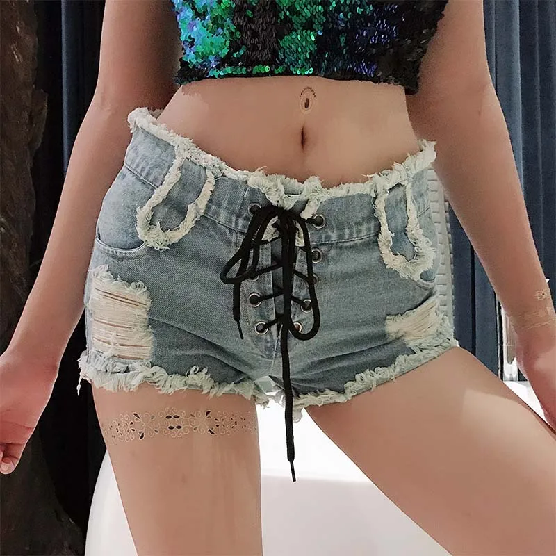 Women Sexy Lace Up Ripped Hot Denim Shorts Jeans High Waist Bodycon Summer Mini Micro Slim Vintage Casual Club Booty short mujer