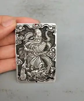 

Collection Tibetan silver hand carved Riding dragon guan gong amulet pendant