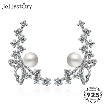 

Jellystory fashion 100% 925 sterling silver earrings with natural freshwater pearl zircons bow-knot earrings for women wedding