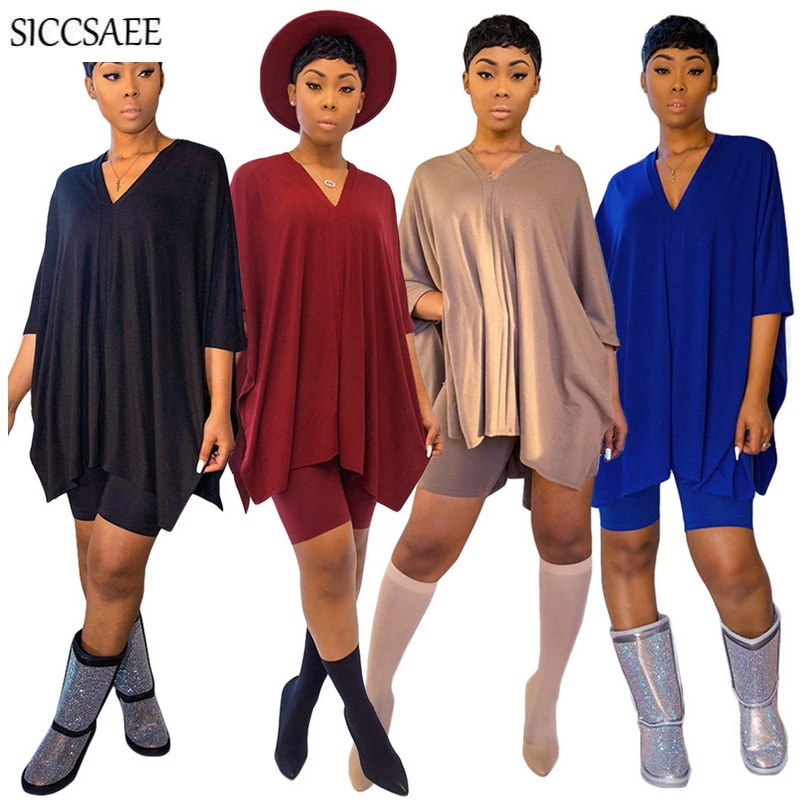 

V Neck Batwing Sleeve Pullover Cropped Ropa Mujer Short Sets For Women Solid Color Two Piece Set Loose Sexy Casual Clothing 2020