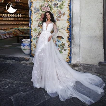 

Aedmgh A-Line Beach Wedding Dresses 2022 V-Neck Illusion Long Sleeve Princess Vestido De Novia Lace Appliques Robe De Mariee