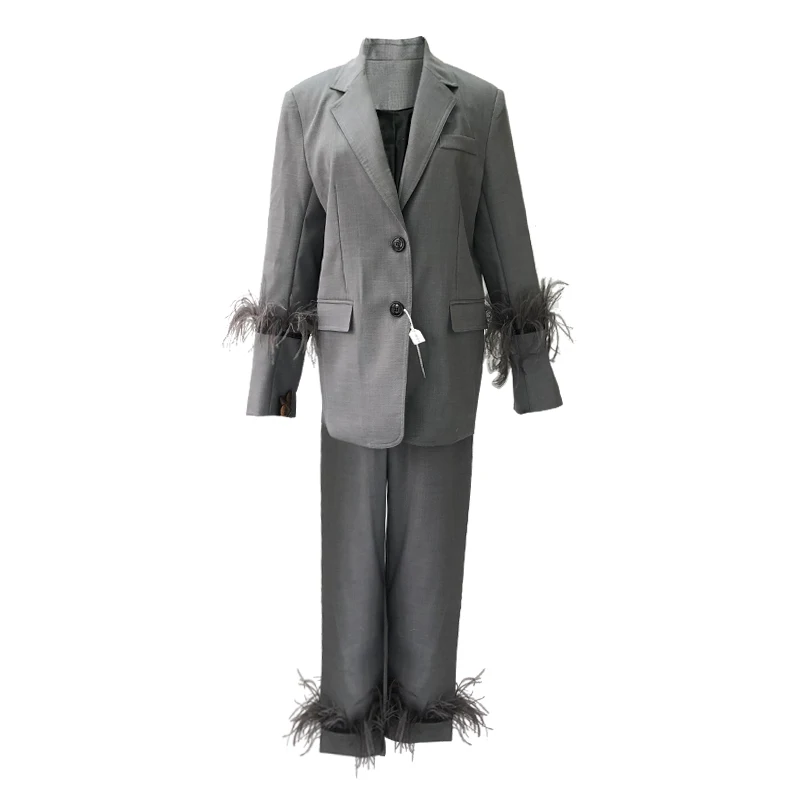 Осенний блейзер с перьями, комплект из двух предметов, для женщин, в стиле пэчворк, с расклешенными рукавами, осеннее пальто, с высокой талией, брюки, элегантные, Ol, женские комплекты