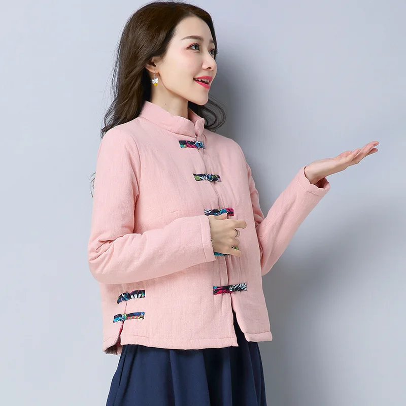 

2019 New Style Ethnic-Style Cotton Linen Stand Collar Frog Long-sleeved Pink + Floral Dissection Thick Cotton-padded Clothes