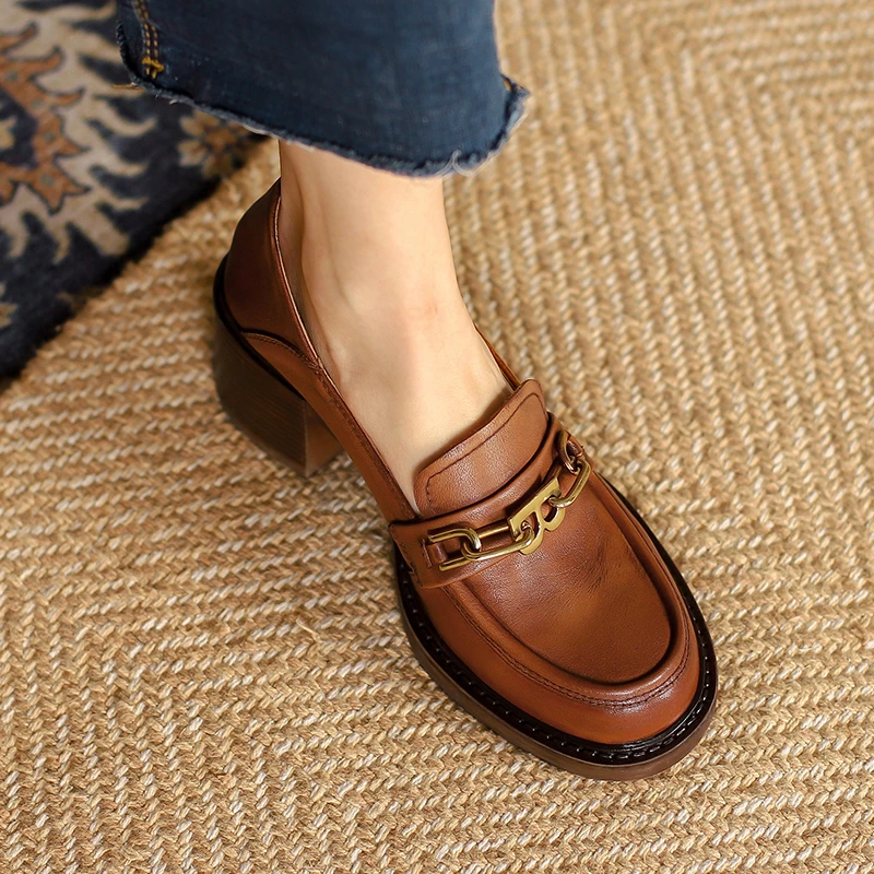 Zapatos de tacón grueso de cuero Natural para mujer, con decoración de Metal, 22 25cm, talla grande, novedad de 2022|Zapatos de tacón de mujer| - AliExpress