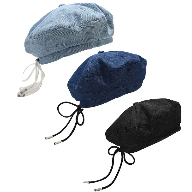 

Women Denim Cotton Beret Cap Ribbon Lace-Up Bowknot Newsboy Painter Beanie Hat
