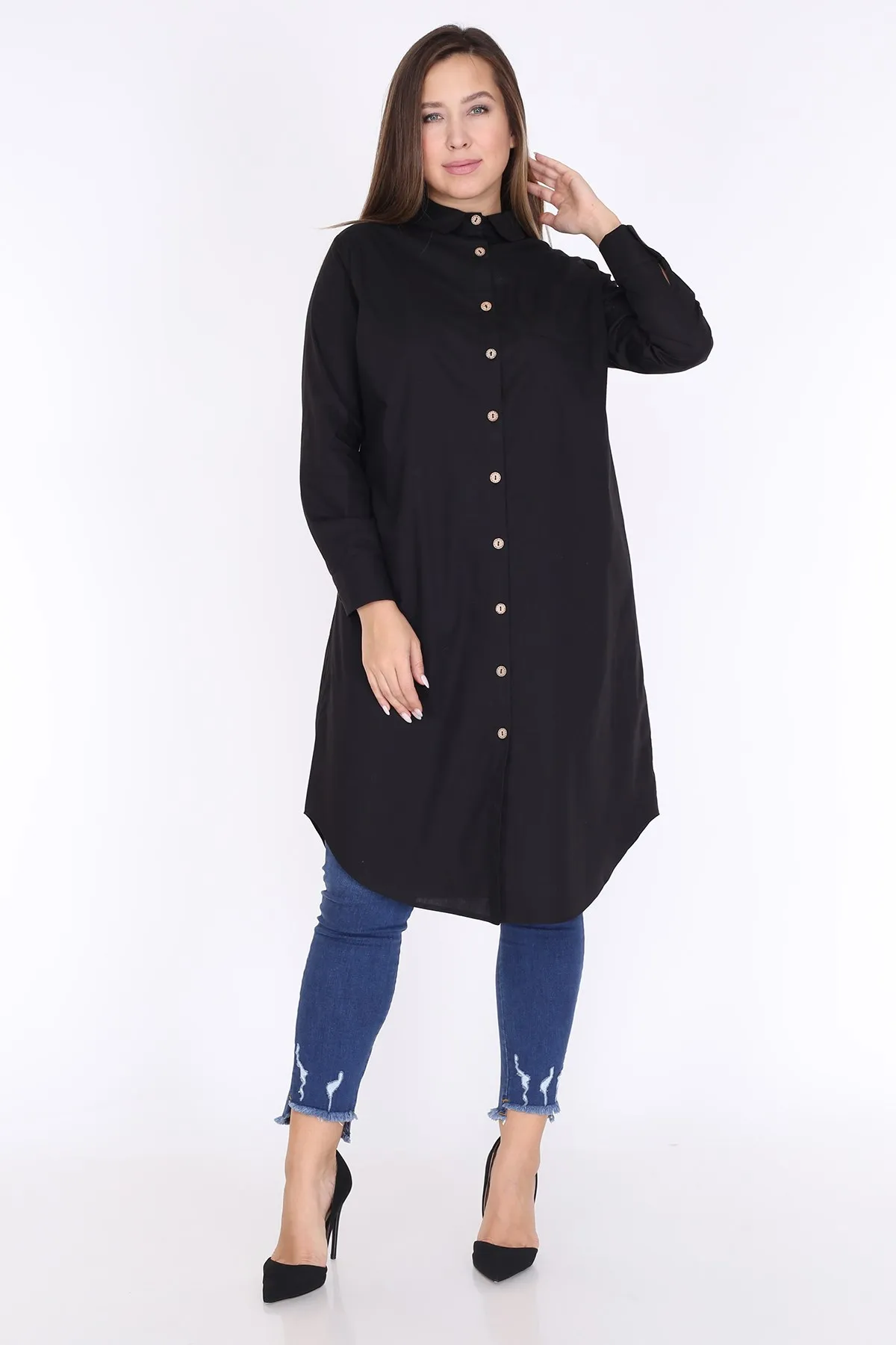 

Women Plus Size Pocket Detail Long Sleeve Shirt Dress Black 1594