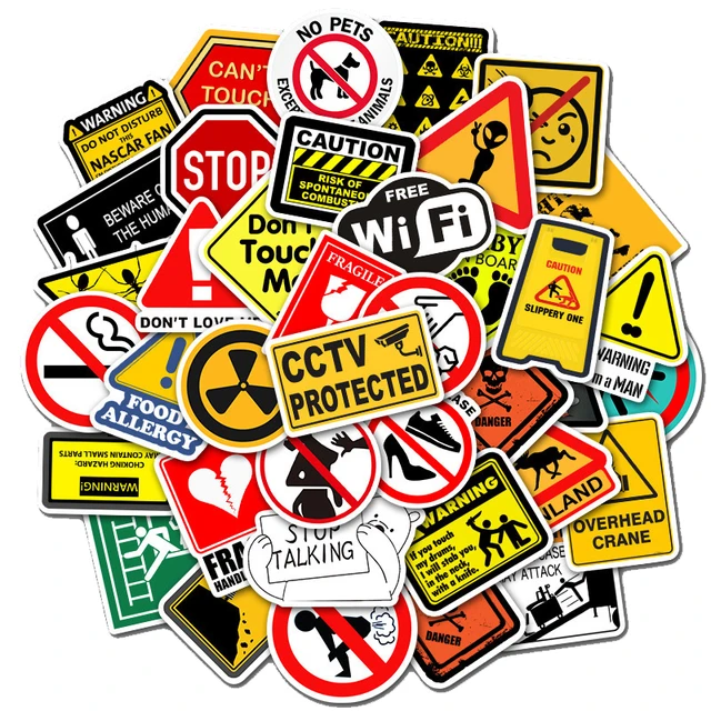 Warning Stickers (50 Pcs), Caution Vinyl Decal, Waterproof Sticker