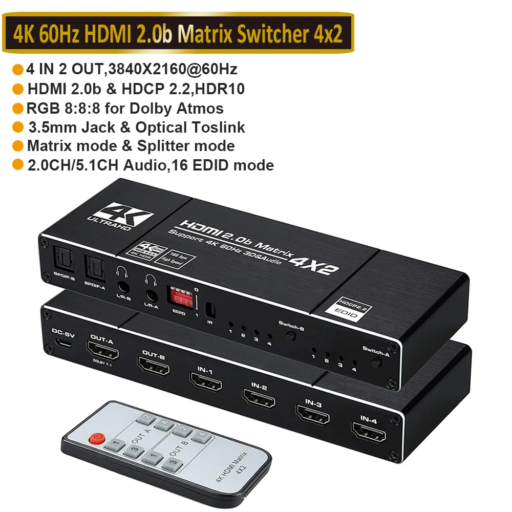 Conmutador de matriz HDMI, Extractor de Audio, 3x2, 4K, 60Hz