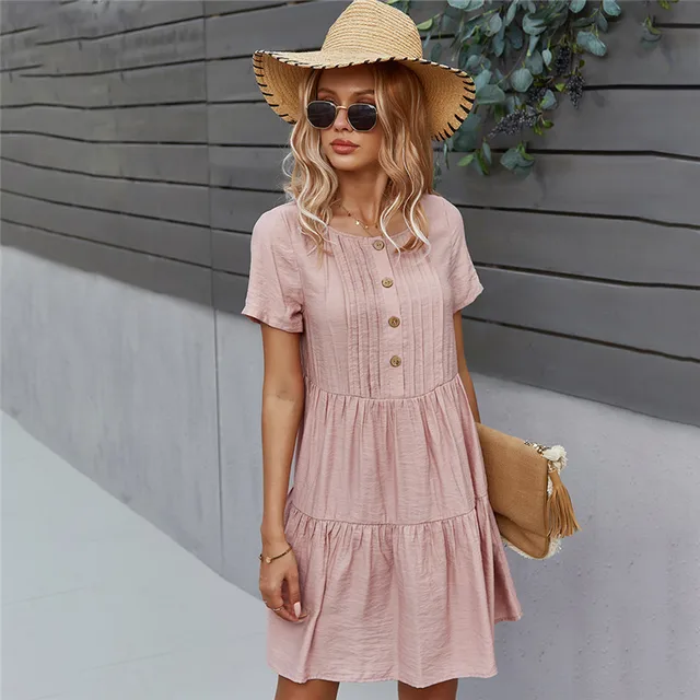Spring New Solid Short Dress Women 2021 Casual O Neck Button Summer Dress Ladies Loose Short Sleeve A Line Dresses 1