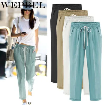 

WEPBEL Women's Ankle-Length Pants Casual Cotton Linen Drawstring Solid Color Mid Waist Straight Knee Length Pants