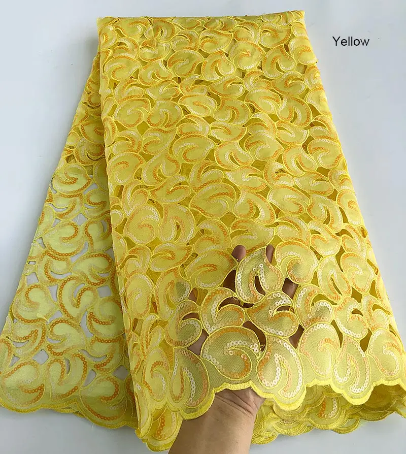 5 ярдов мягкий кофе Handcut африканская органза кружевная ткань с блестками в нигерийском стиле Гана случайные швейная одежда Высокое качество - Цвет: yellow