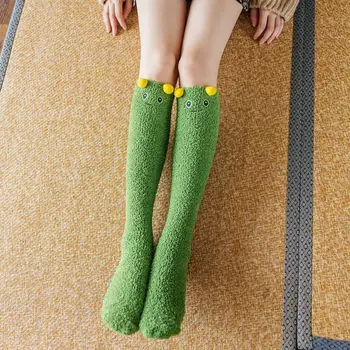 

Women Winter Coral Velvet Knee High Sock Cute Cartoon Candy Color Pom Leg Warmer