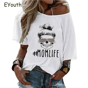 

Mom Life Women Skull Leopard Print Women T-shirt Sunglasses Cool Mother Shirt Sexy Off Shoulder Tops Tee 2020 Mother's Day Gift