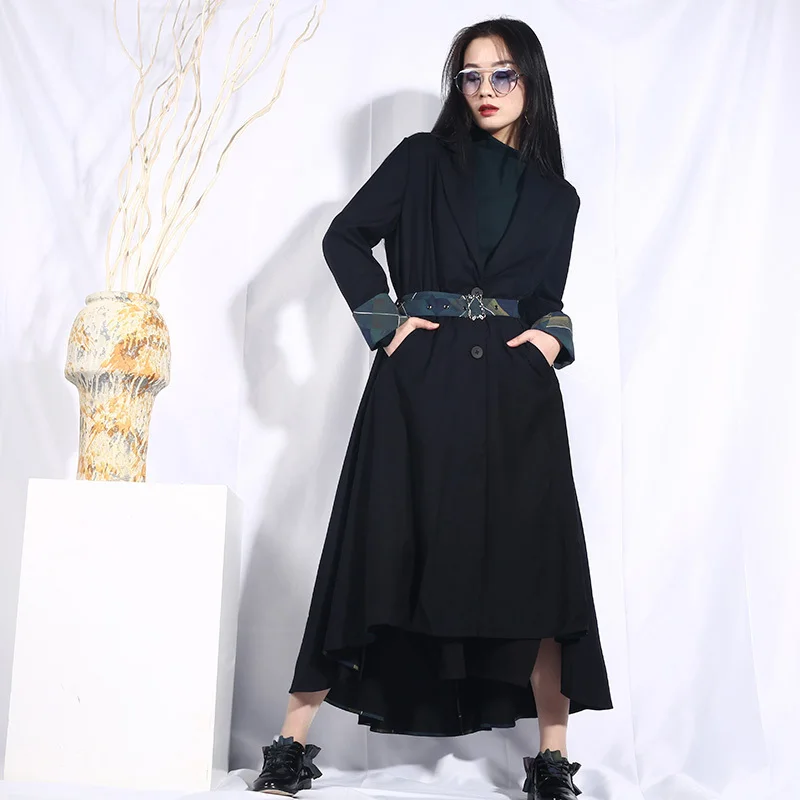 

Fashion Tide New Spring Women Asymmetric Lapel Long Sleeve Striped Split Joint Irregular Windbreaker Trench Fashion Coat JO552