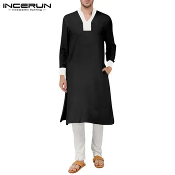 

Vintage Men Jubba Thobe Islamic Arab Kaftan Long Sleeve V Neck Patchwork MenS Robes Saudi Arabia Muslim Clothes S-5XL INCERUN