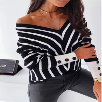

American summer hot style hot selling women's fashion stripe v-neck long sleeves