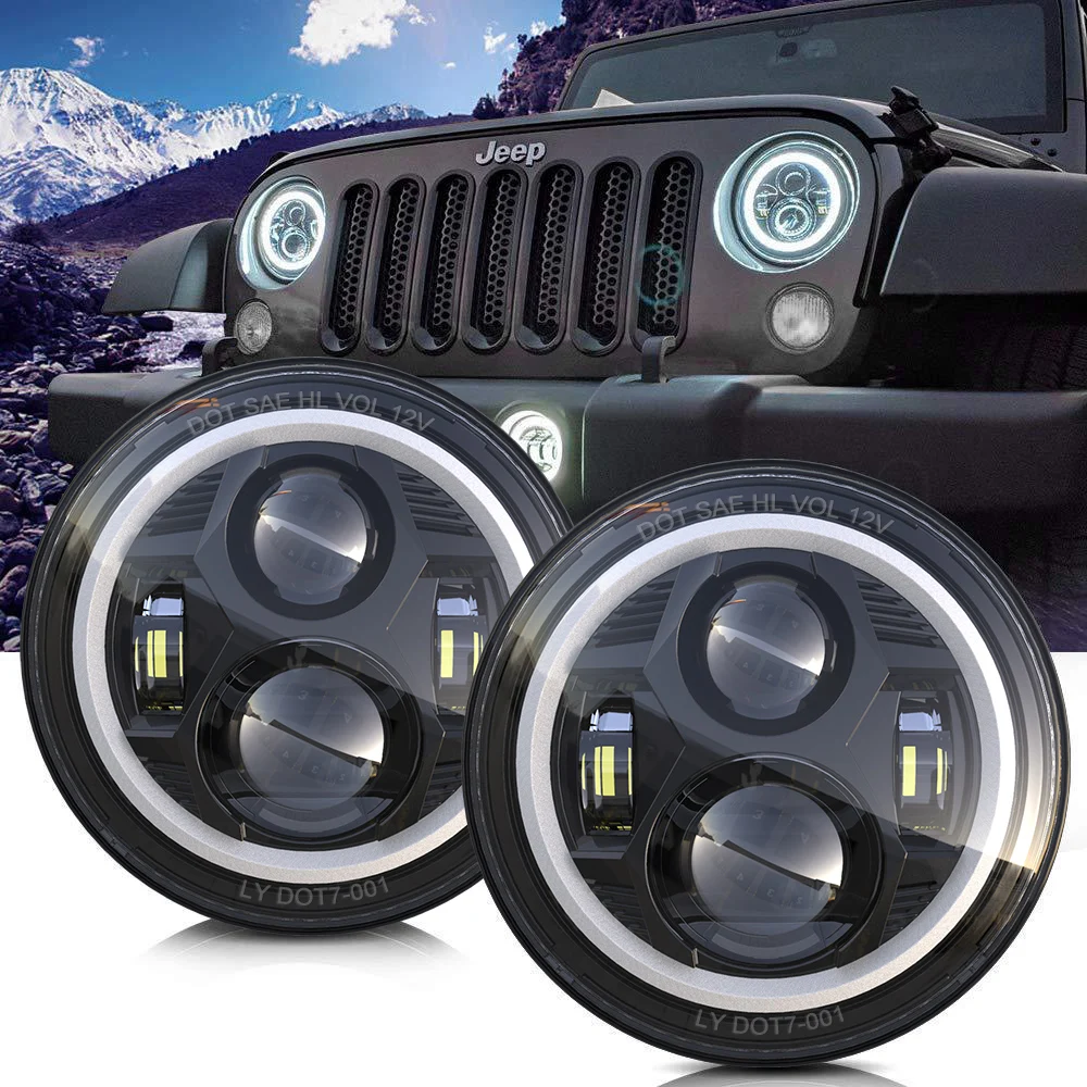 Motorcycle 7inch LED Headlight 7" H4 LED DRL Halo Ring Amber Turn Signal Headlam