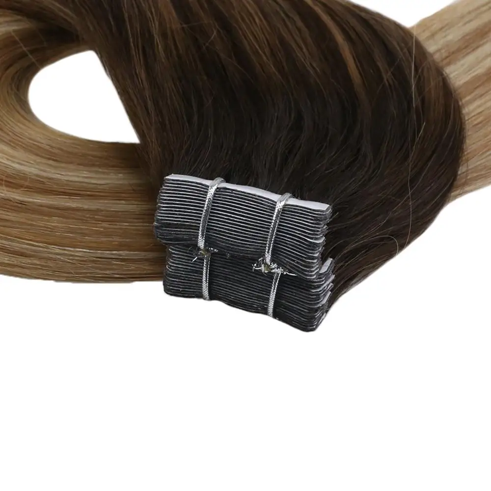 Moresoo Tape in Hair Extensions Human Machine Remy Brazilian Hair Skin Weft Balayage Ombre Color #4 Fading to Brown and Blonde