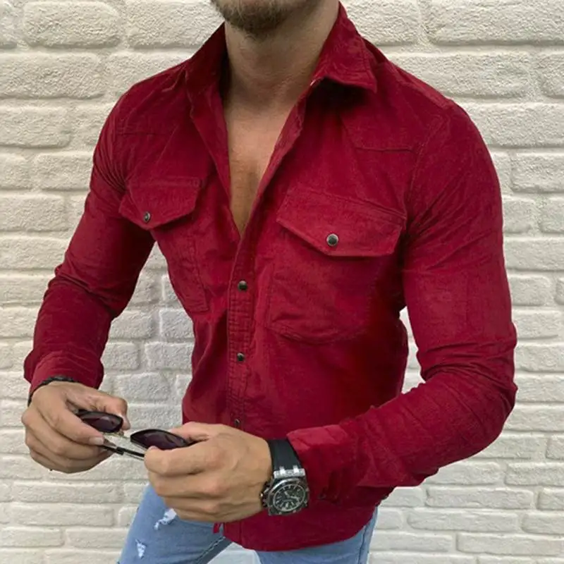 INCERUN Fashion Men Corduroy Shirts Casual Solid Lapel Street Pockets Long Sleeve Camisa Tops Fitness Chic Brand Shirt Men