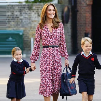 

Kate Middleton Princess Red Flower Print Women Dress Elegant Long Sleeve OL Work Dresses