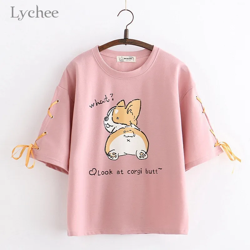 Lychee Harajuku, женская футболка с рисунком собаки из мультфильма и надписью, женские топы на шнуровке с вырезом лодочкой, пуловеры, повседневные хлопковые летние женские футболки, футболки