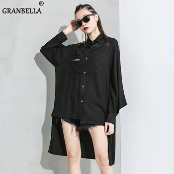 

Irregular Black Shirt With Pocket Women Clothes Letter Print Button Blouse Top Summer Fashion New All-matched Leisure Shirts