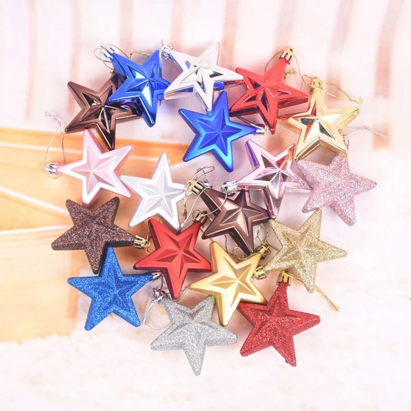 Set of 6 Five-Pointed Star Christmas Tree Hanging Ornaments - Festive Holiday Decorations