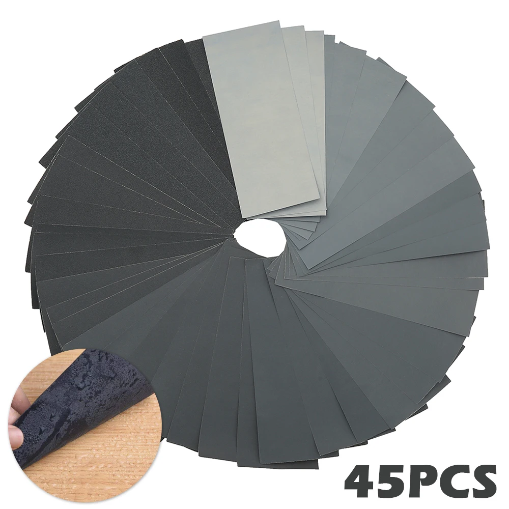 

45PCS Wet Dry Sandpaper 120 To 5000 Grit Assortment Abrasive Paper Sheets for Automotive Sanding Wood Furniture Finishing