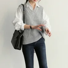 FMFSSOM осенний женский свитер, жилет, женский элегантный студенческий пуловер с v-образным вырезом, вязаные топы, верхняя одежда, жилет