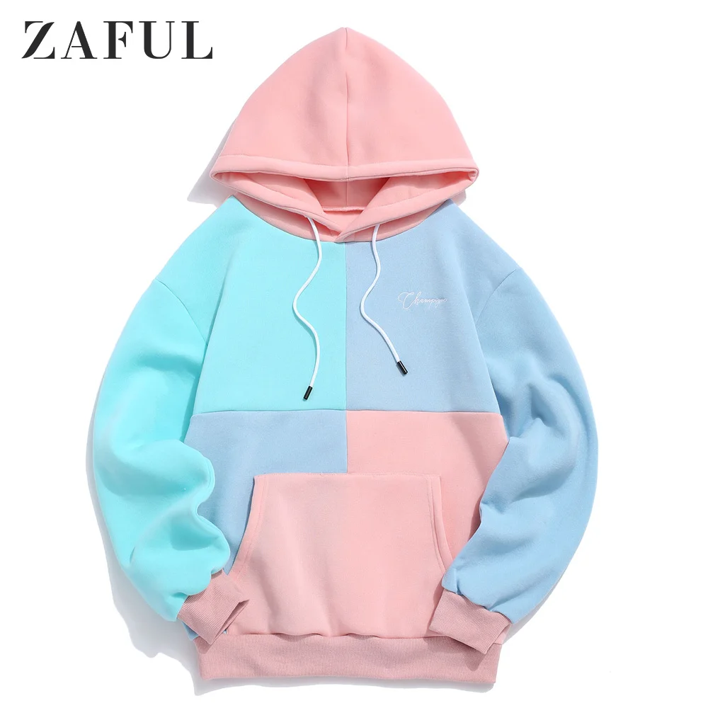 ZAFUL Men Color Spliced Kangaroo Pocket Casual Hoodie Long Sleeves Color-Blocking Drawstring Autumn | Мужская одежда