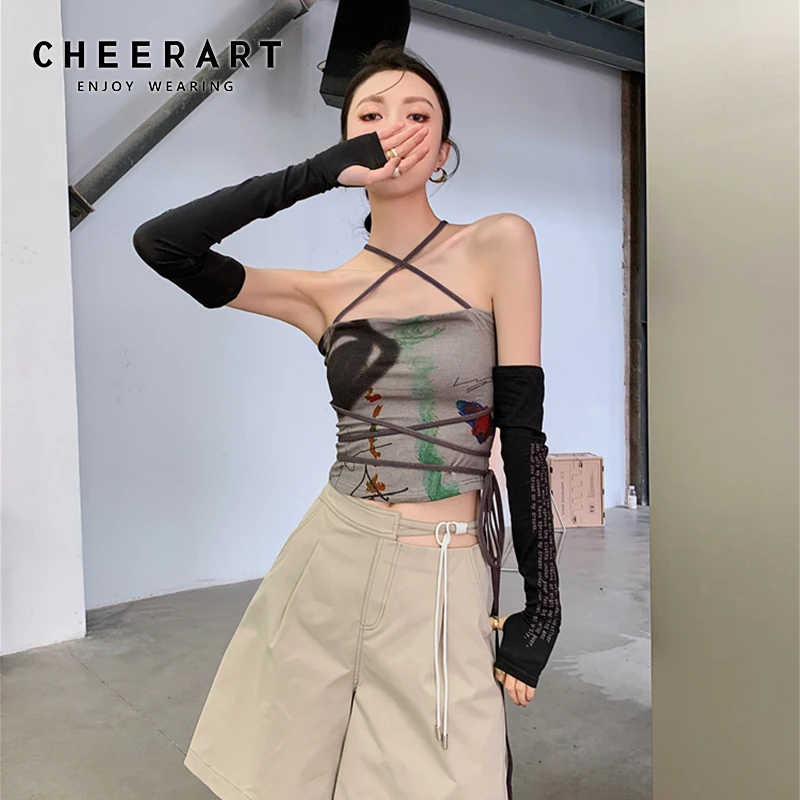 CHEERART Bandage Halter Neck Top Bodycon Backless Strapless Corset Top Women Summer 2021 Print Brown Tube Top Korean Fashion