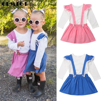 

Ins Girls Strap Dress Long Sleeved T-shirt Vest Dress Lace Pink Blue Fresh Rural Style Girls Baby Dress