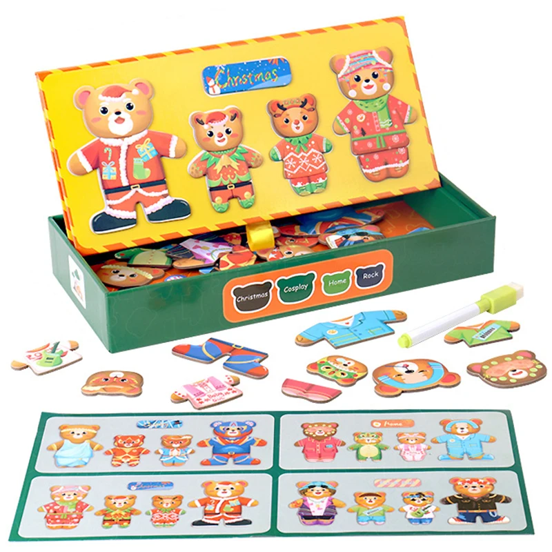 Christmas Bear Family Dress-Up Wooden Puzzles Toys Magnetic Jigsaw Change Clothes Sorting Matching Game Children Montessori Toys