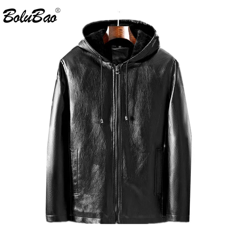 

BOLUBAO Winter Men Hooded Leather Jacket Fashion Brand Men Casual PU Leather Jacket Warm Thick Fleece Leather Jackets Coats Male