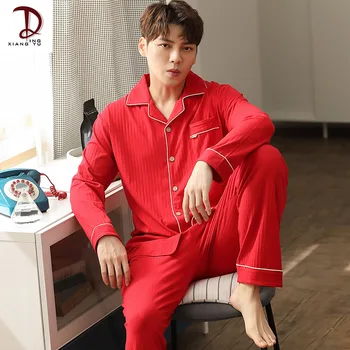 

Pure Cotton Black Pajamas Spring and Autumn Men's Long Sleeves Cardigan Casual Loose Homewear Autumn and Winter Two-Piece Suit