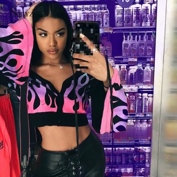 

Gothic Flame Print Flare Sleeve Fashion Cropped Zipper Jacket Women Spring Autum Sexy Shirt Cardigan Coats and Jackets Outwear