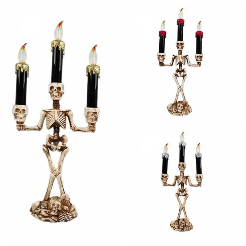 

New skull skeleton 3 arms candle holder LED battery lamp candlestick for home party DIY Halloween decoration candlestick art