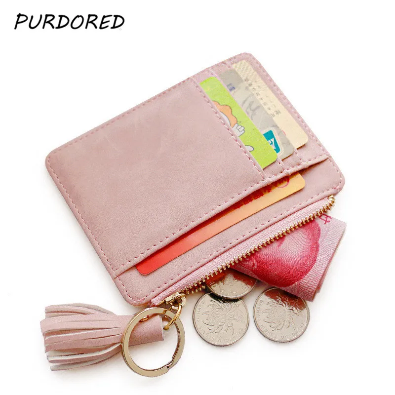 

PURDORED 1 Pc Tassel Card Holder Matt Leather Women Business Card Case Zipper ID Card Holder Mini Coin Purse Keychain Wallet