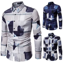 Ou код Новая повседневная приталенная Мужская рубашка с длинными рукавами и цифровым принтом, большие размеры, эластичная Модная тонкая рубашка