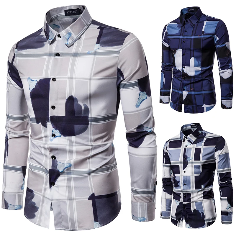 

Ou Code 2019 New Casual Slim Lapel Large Size Digital Printing Men's Long-sleeved Shirt Stretch Fashion Slim Shirt