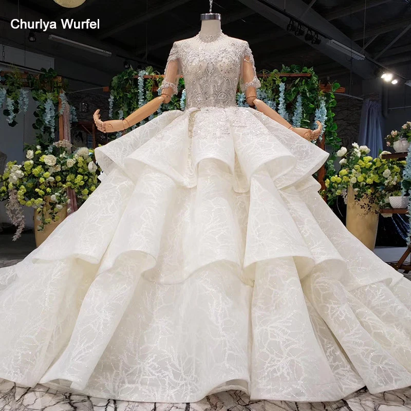 HTL979 бальное свадебное платье для женщин с высоким горлом и полурукавом из бисера на шнуровке сзади размера плюс свадебное платье с королевским шлейфом vestido boda