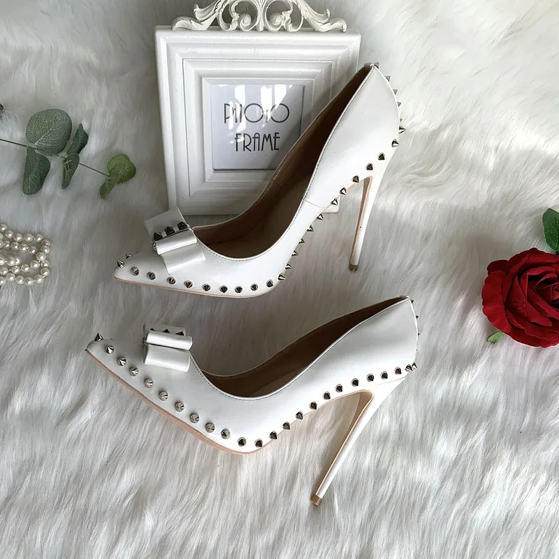black rivet bow-knot high heels patent PU leather high heel women's shoes 10cm 12cm wedding shoes woman Party shoes bridal shoe - Цвет: 12cm