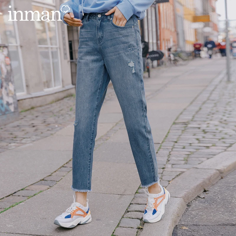 

INMAN 2020 Spring New Arrival Cotton Concise Style All-match Personality Jole English Letter Embroidered Jean